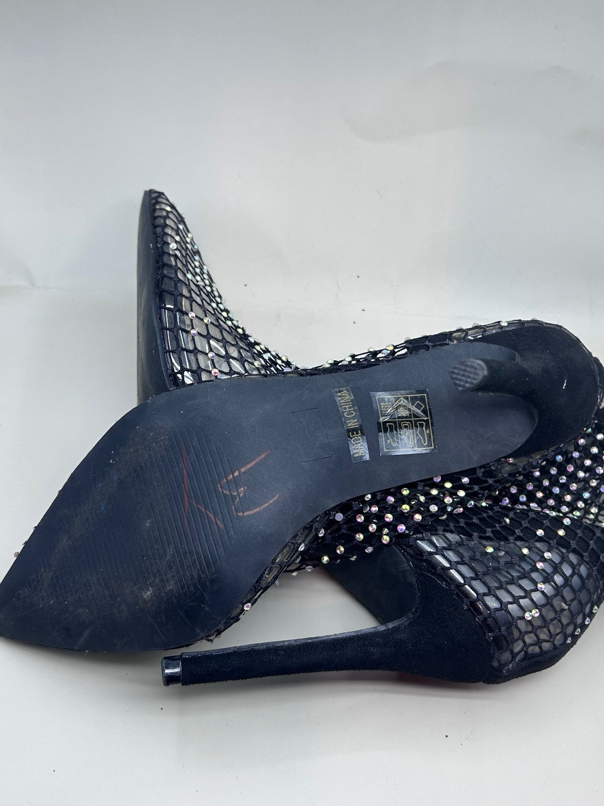 Black Rhinestone Mesh Ankle Boots Women's Size 8 Pointed Toe Stiletto Booties