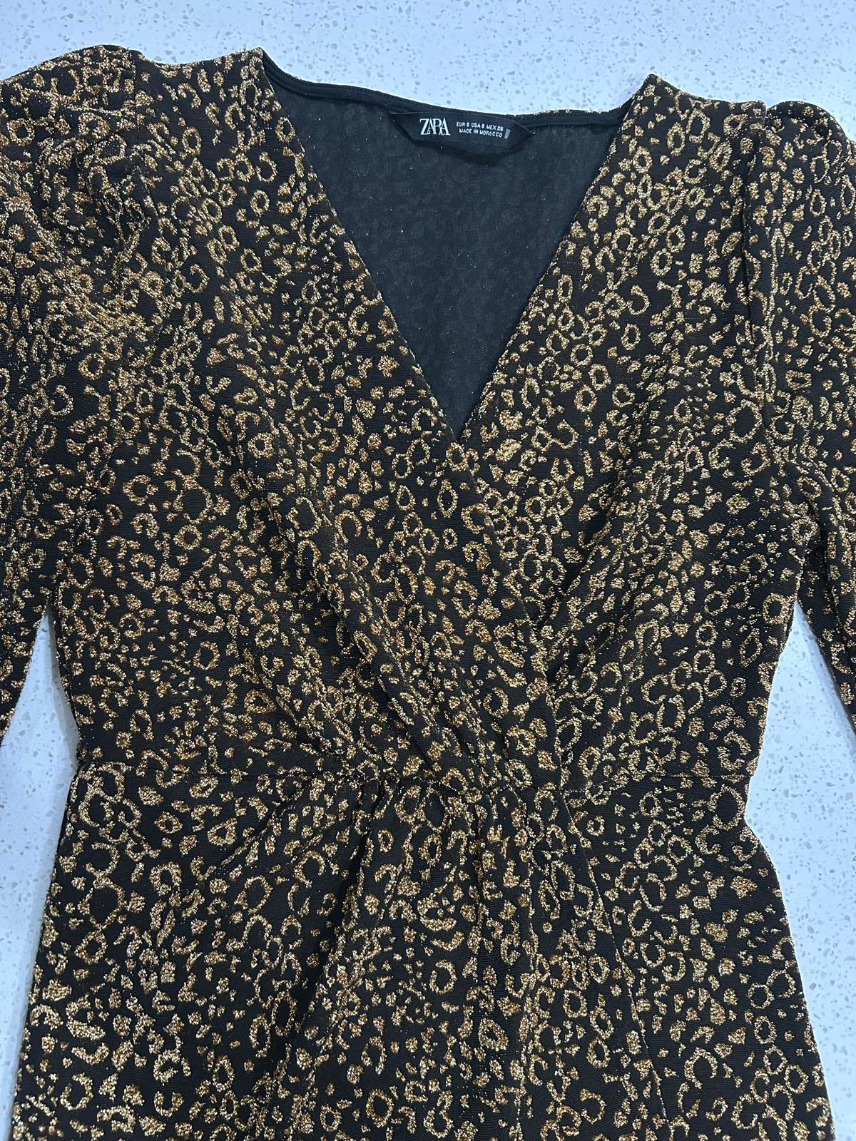 Zara Metallic Gold & Black V-Neck Mini Dress
