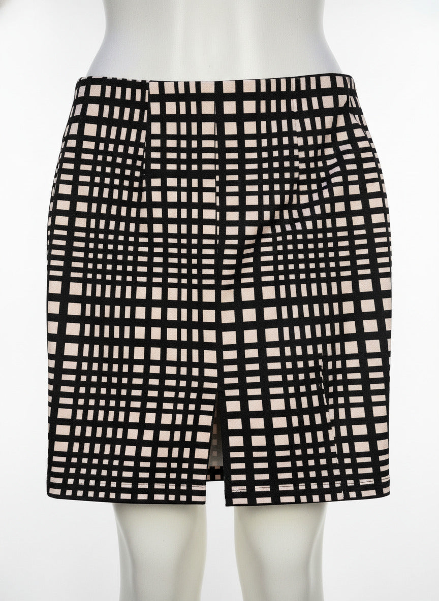 Black and Beige Checkered Pencil Skirt with Front Slit - Professional and Chic