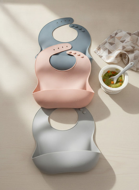 Set of 3 Silicone Baby Bibs with Food Catcher Pocket