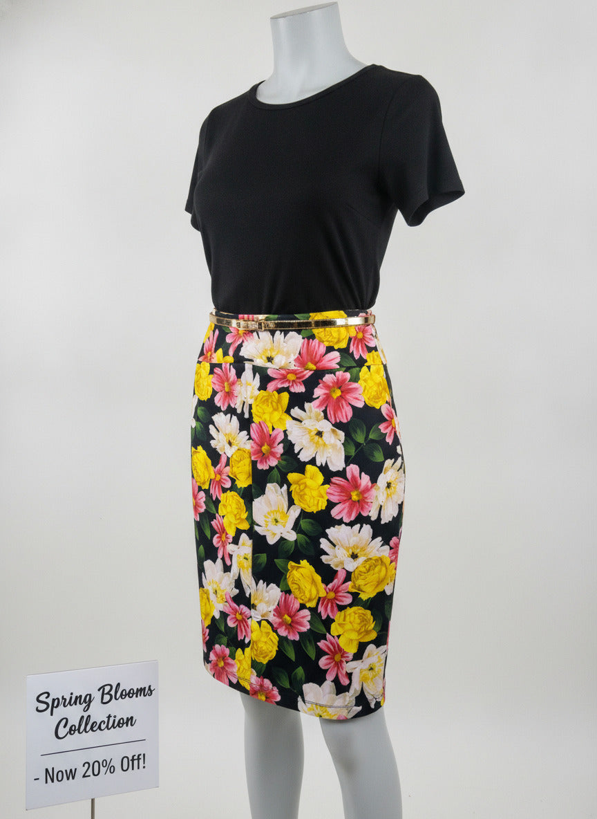 Tahari Black Floral Pencil Skirt Womens Stretch Knit Pull On Knee Length