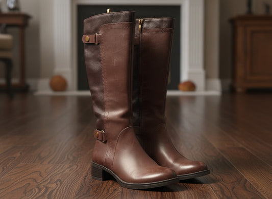 Franco Sarto Women's Brown Leather Riding Boots Knee High Zip Buckle Size 5.5 M