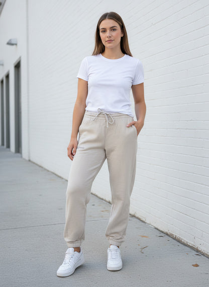Beige Casual Drawstring Jogger Sweatpants made with 100% Organic Cotton