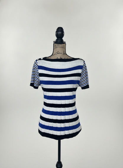 Ralph Lauren Striped Ribbed Knit Top with Button Detail
