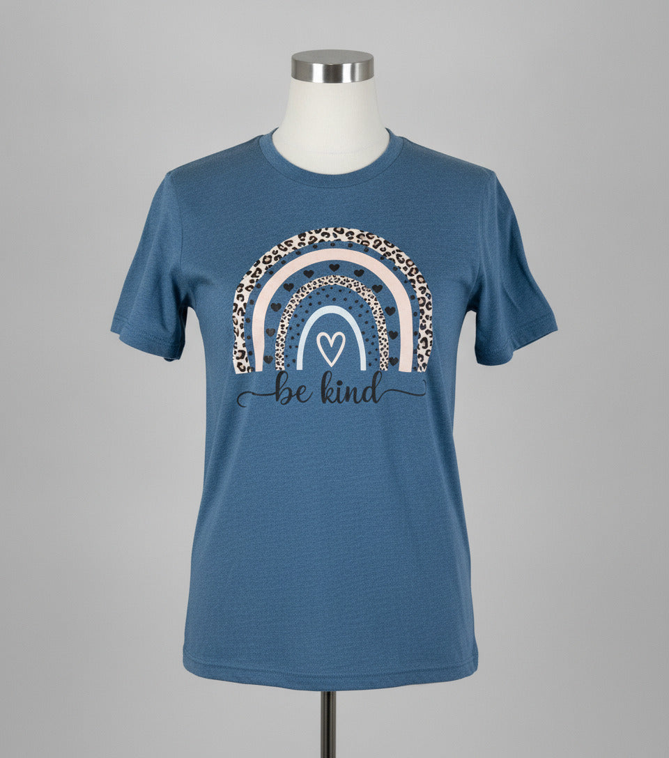 Women's Medium Blue Be Kind Leopard Print Rainbow and 'Be Kind' Graphic T-Shirt