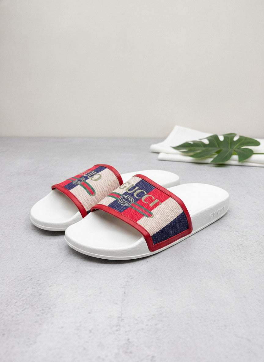 Gucci Web Stripe White Leather Flip Flops Thong Sandals Womens 8.5
