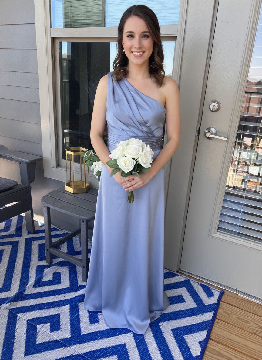 NWT! Azazie Dusty Blue One-Shoulder Dress Size 12 A-Line Floor Length 64”