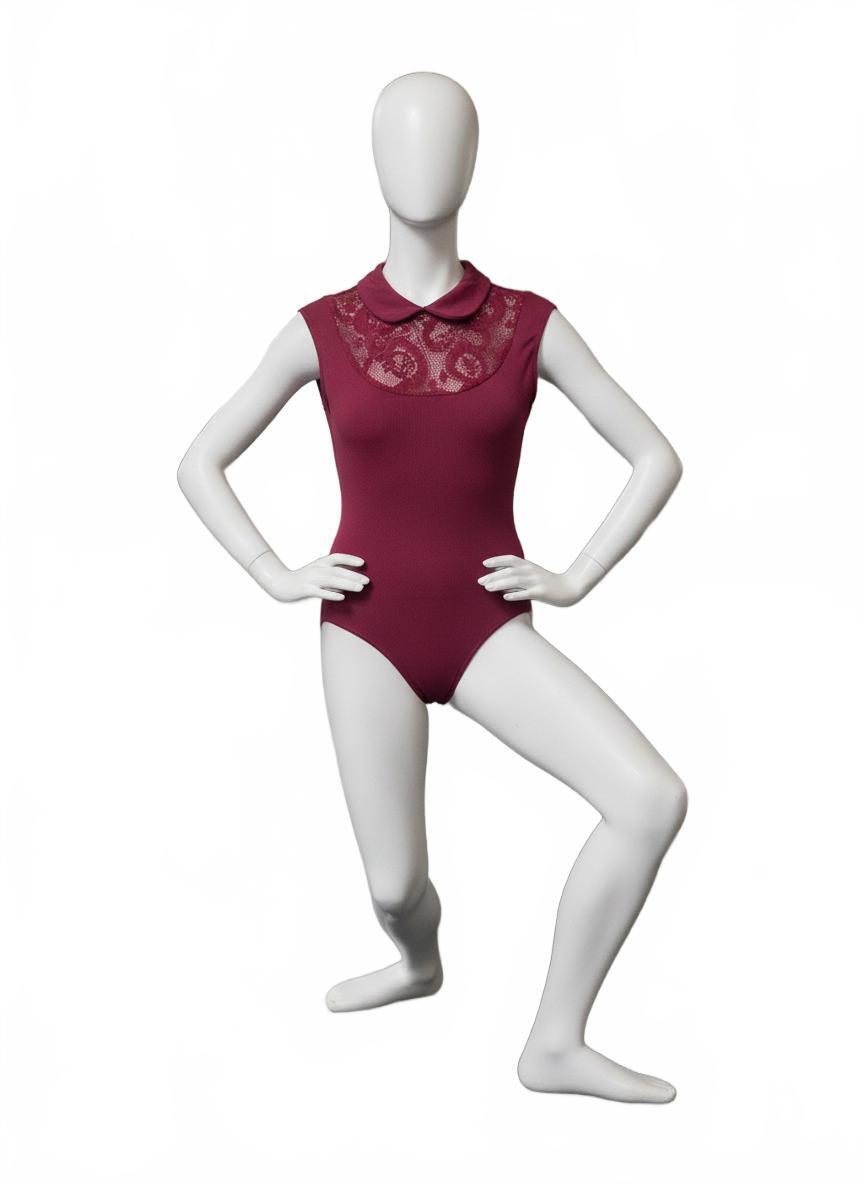 Burgundy Sleeveless Dance Leotard with Lace Collar Detail