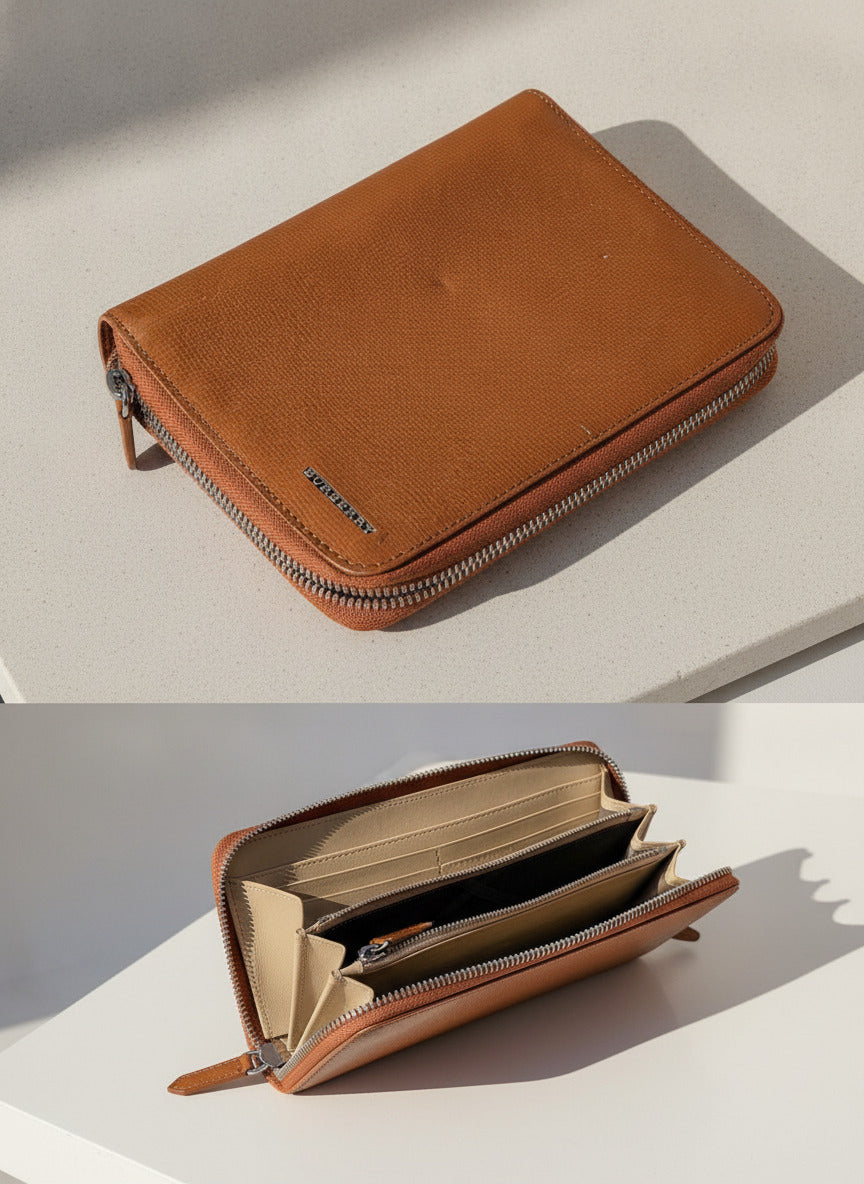 Burberry Brown Leather Zip Around Continental Long Wallet Organizer