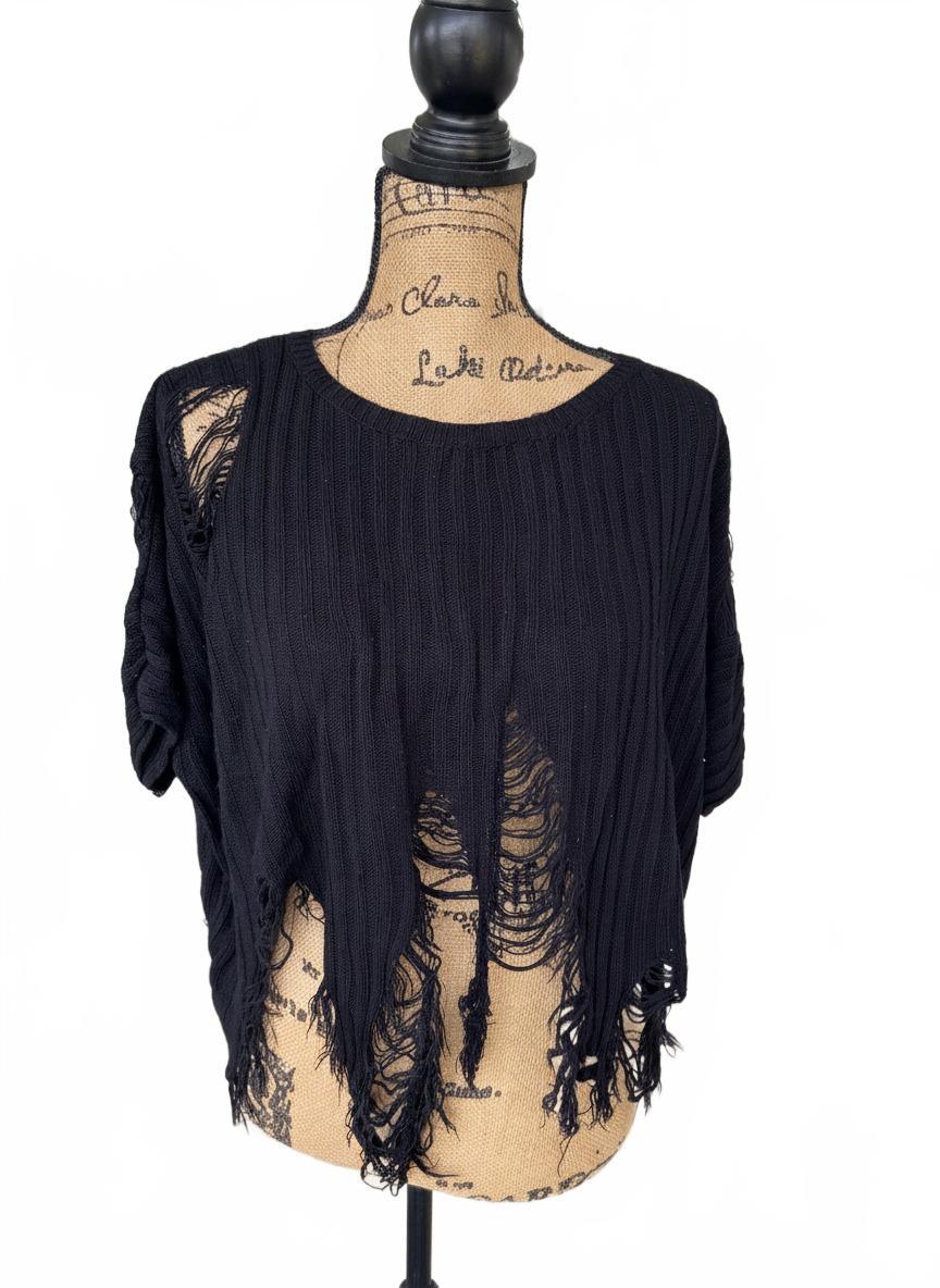 Black Distressed Ribbed Knit Sweater Top Womens Large L Fringe Hem Y2K Boho