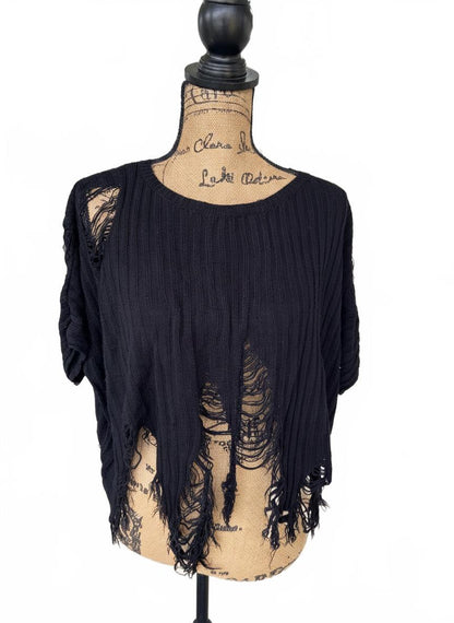 Black Distressed Ribbed Knit Sweater Top Womens Large L Fringe Hem Y2K Boho