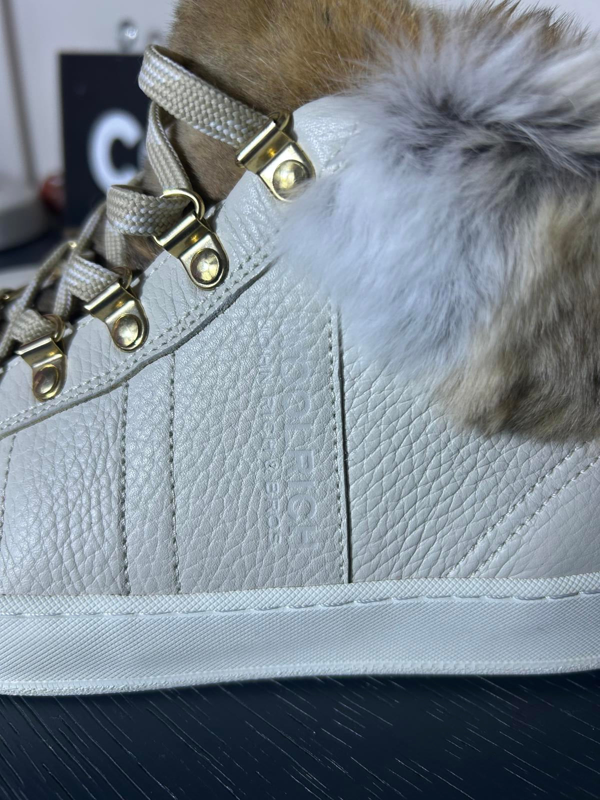 Woolrich Luxury High-Top Leather Sneakers – Rabbit Fur Trim – Made in Italy