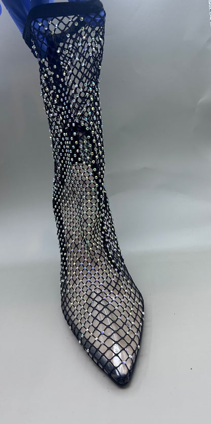Black Rhinestone Mesh Ankle Boots Women's Size 8 Pointed Toe Stiletto Booties