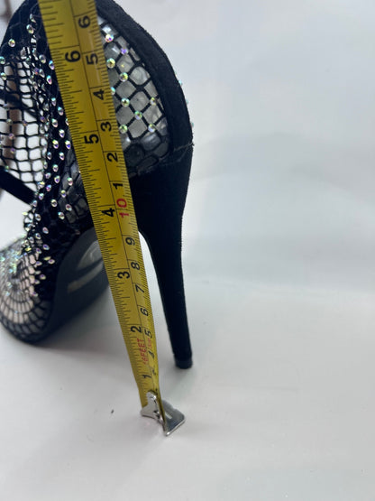 Black Rhinestone Mesh Ankle Boots Women's Size 8 Pointed Toe Stiletto Booties