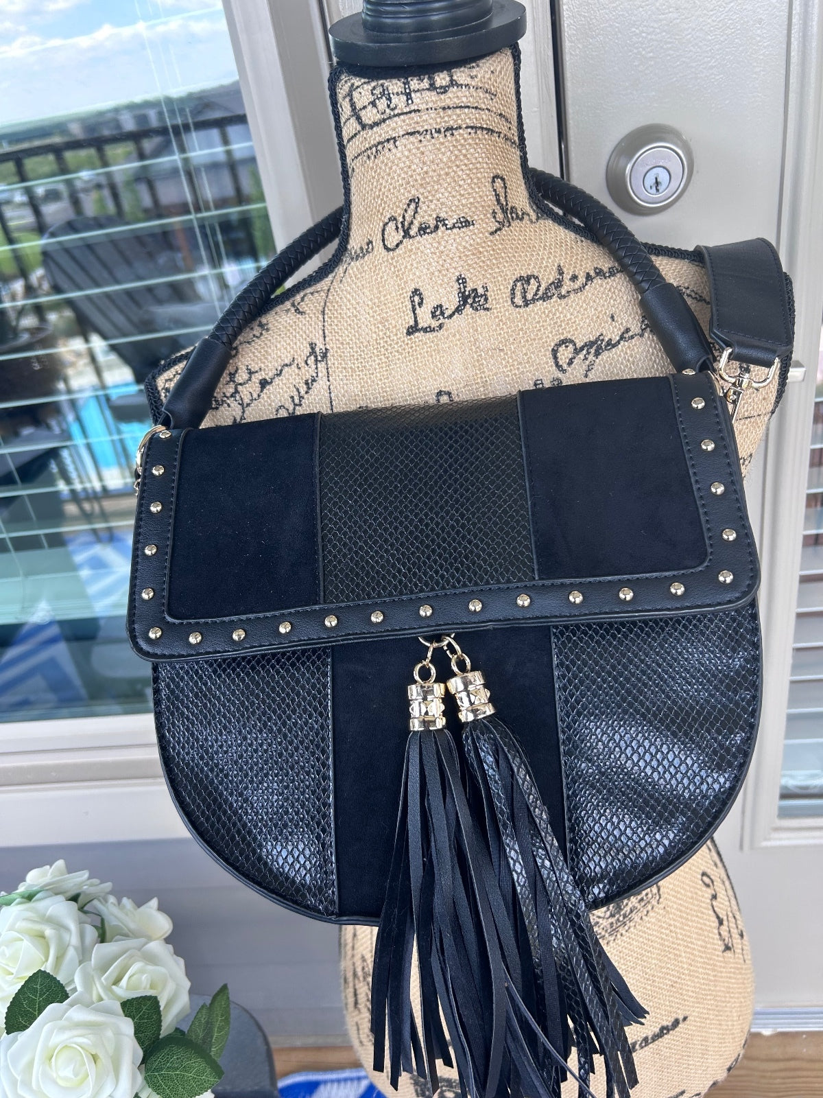 Alex Max Black Patchwork Studded Shoulder Bag Crossbody Purse Suede Accents