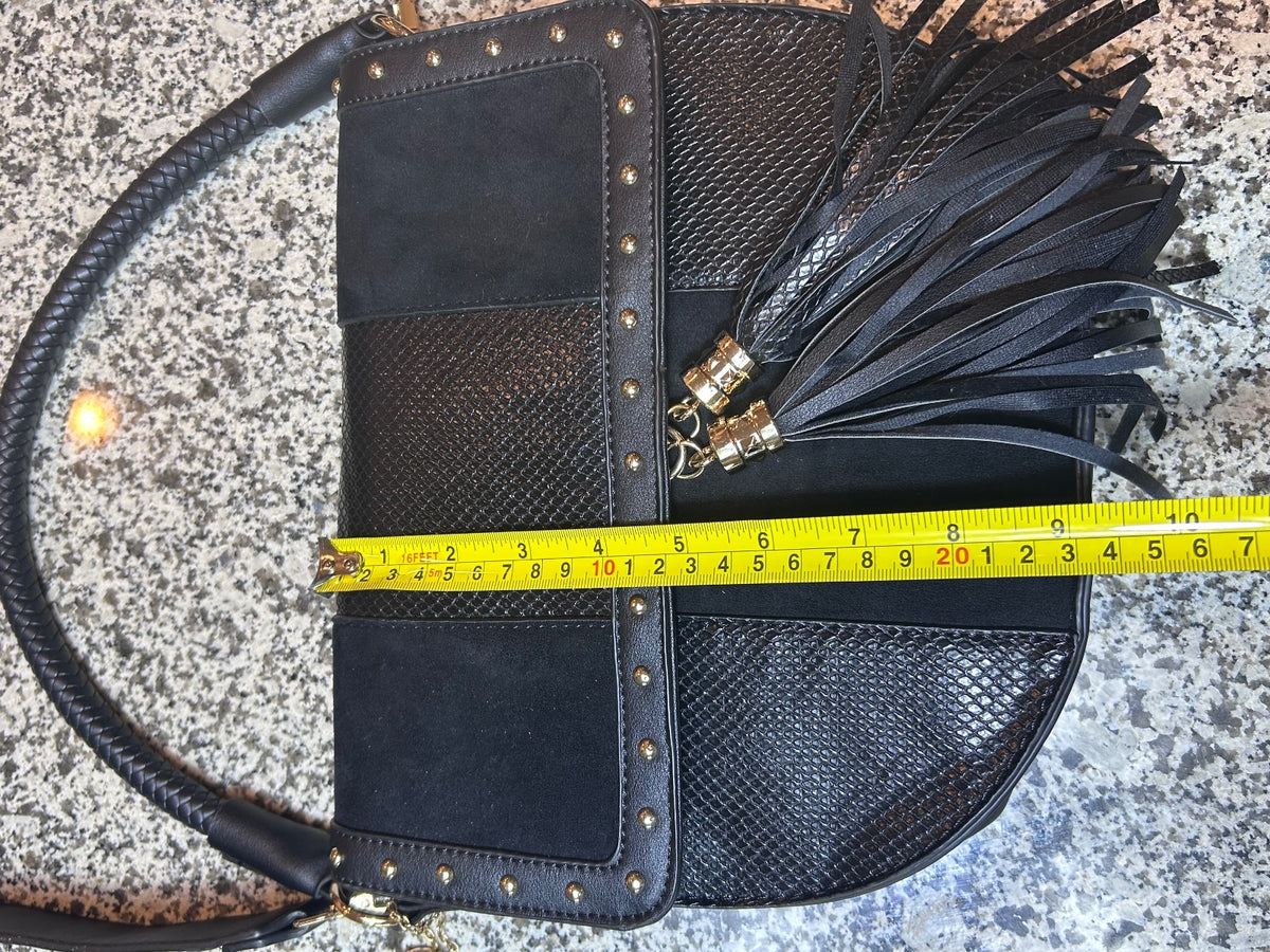 Alex Max Black Patchwork Studded Shoulder Bag Crossbody Purse Suede Accents