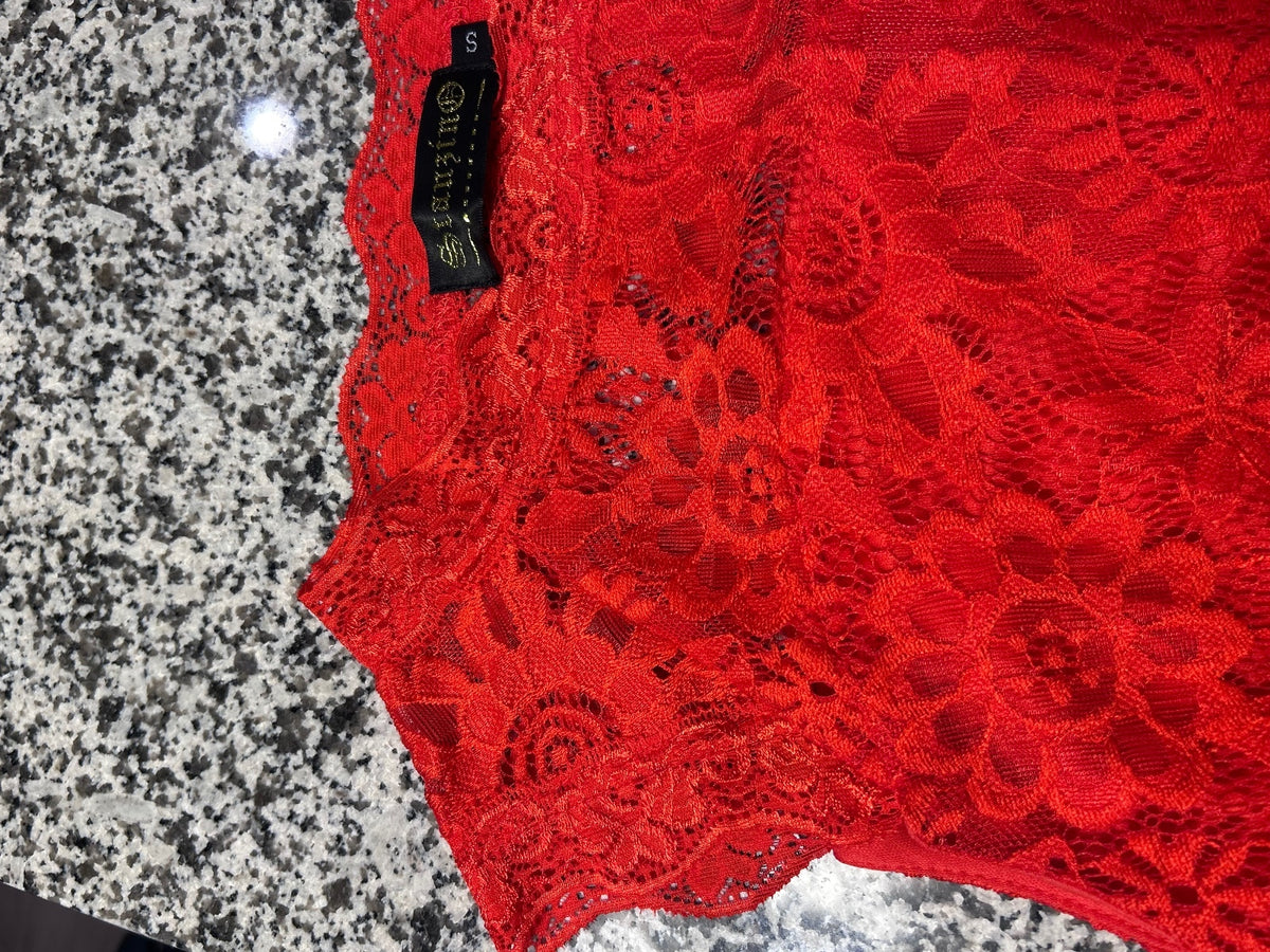 Onzino Womens Small Red Floral Lace Sleeveless Bodycon Party Dress Sheath S