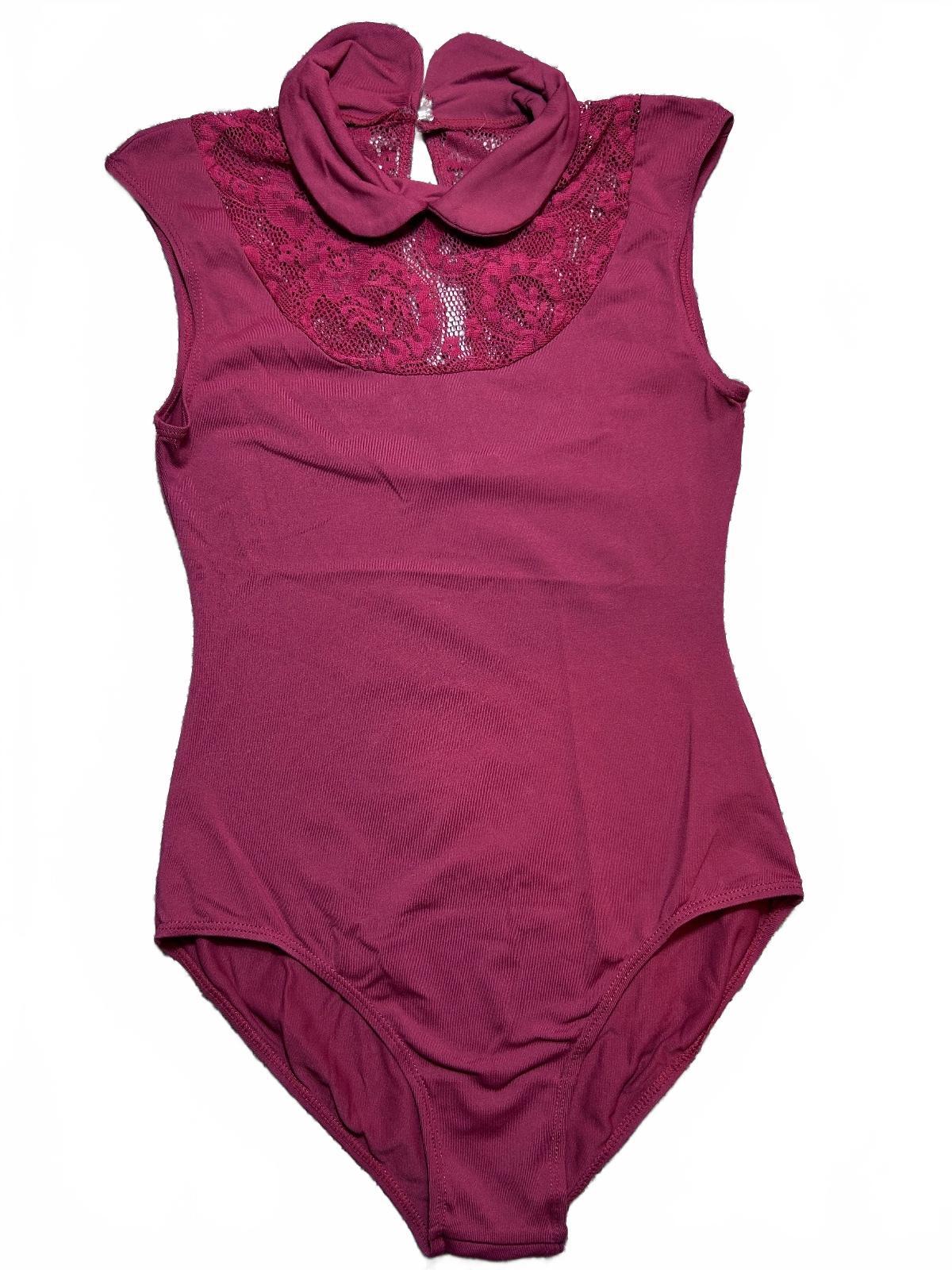 Burgundy Sleeveless Dance Leotard with Lace Collar Detail