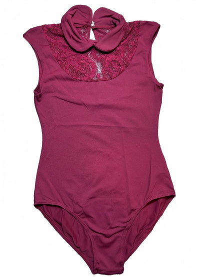 Burgundy Sleeveless Dance Leotard with Lace Collar Detail