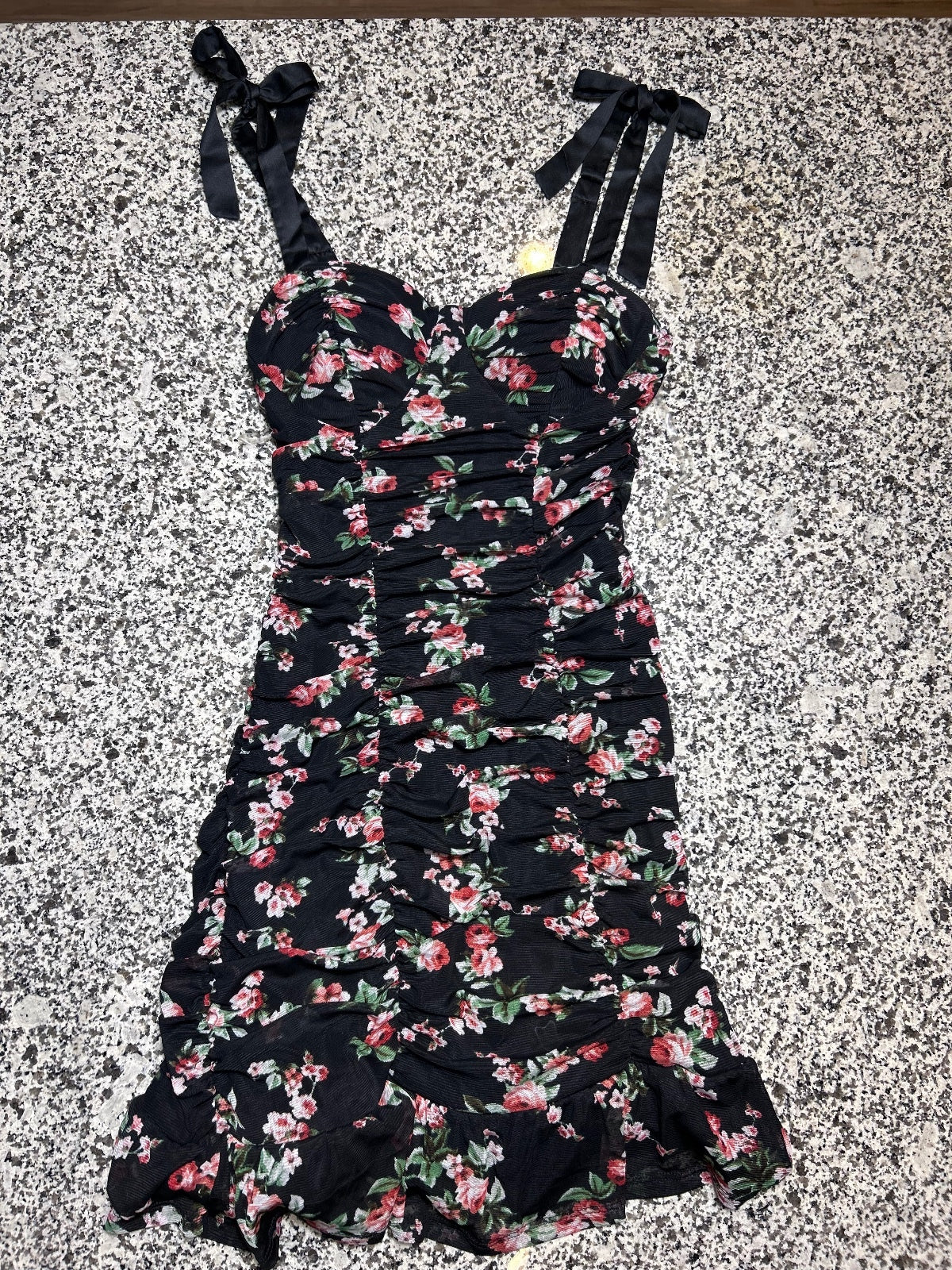 Lily Rose Floral Midi Dress Womens Medium Black Ruched Tie Strap Summer Sunneck