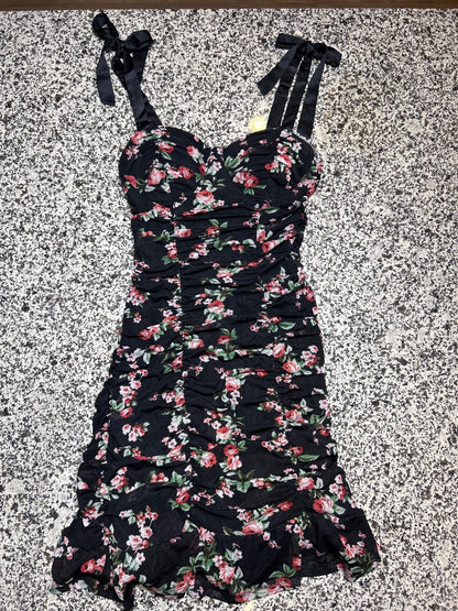 Lily Rose Floral Midi Dress Womens Medium Black Ruched Tie Strap Summer Sunneck