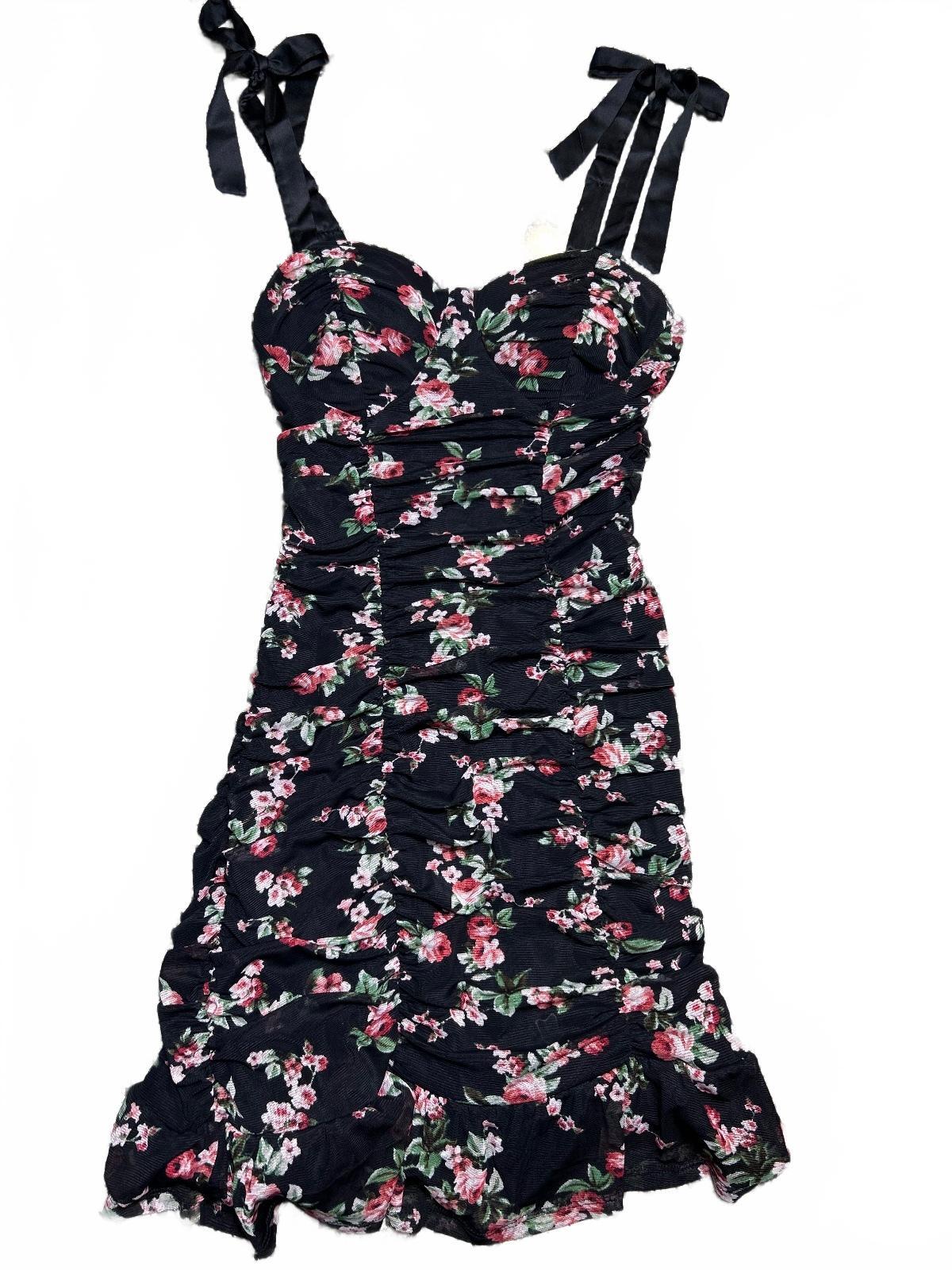 Lily Rose Floral Midi Dress Womens Medium Black Ruched Tie Strap Summer Sunneck