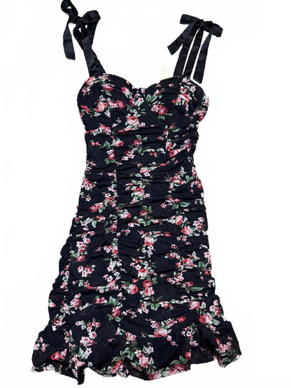 Lily Rose Floral Midi Dress Womens Medium Black Ruched Tie Strap Summer Sunneck