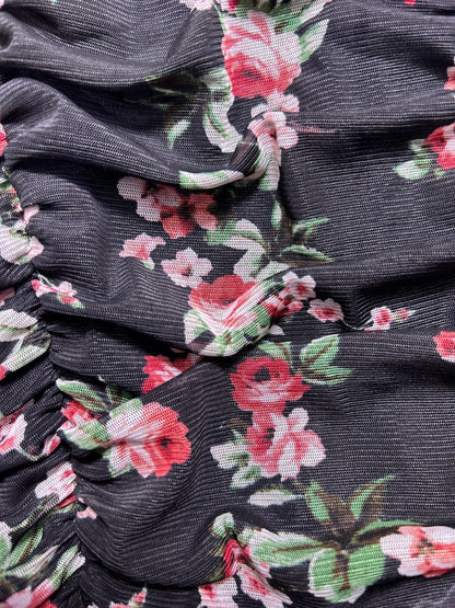 Lily Rose Floral Midi Dress Womens Medium Black Ruched Tie Strap Summer Sunneck