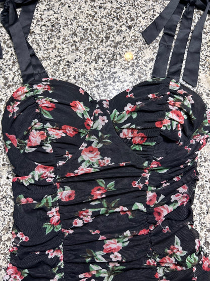 Lily Rose Floral Midi Dress Womens Medium Black Ruched Tie Strap Summer Sunneck