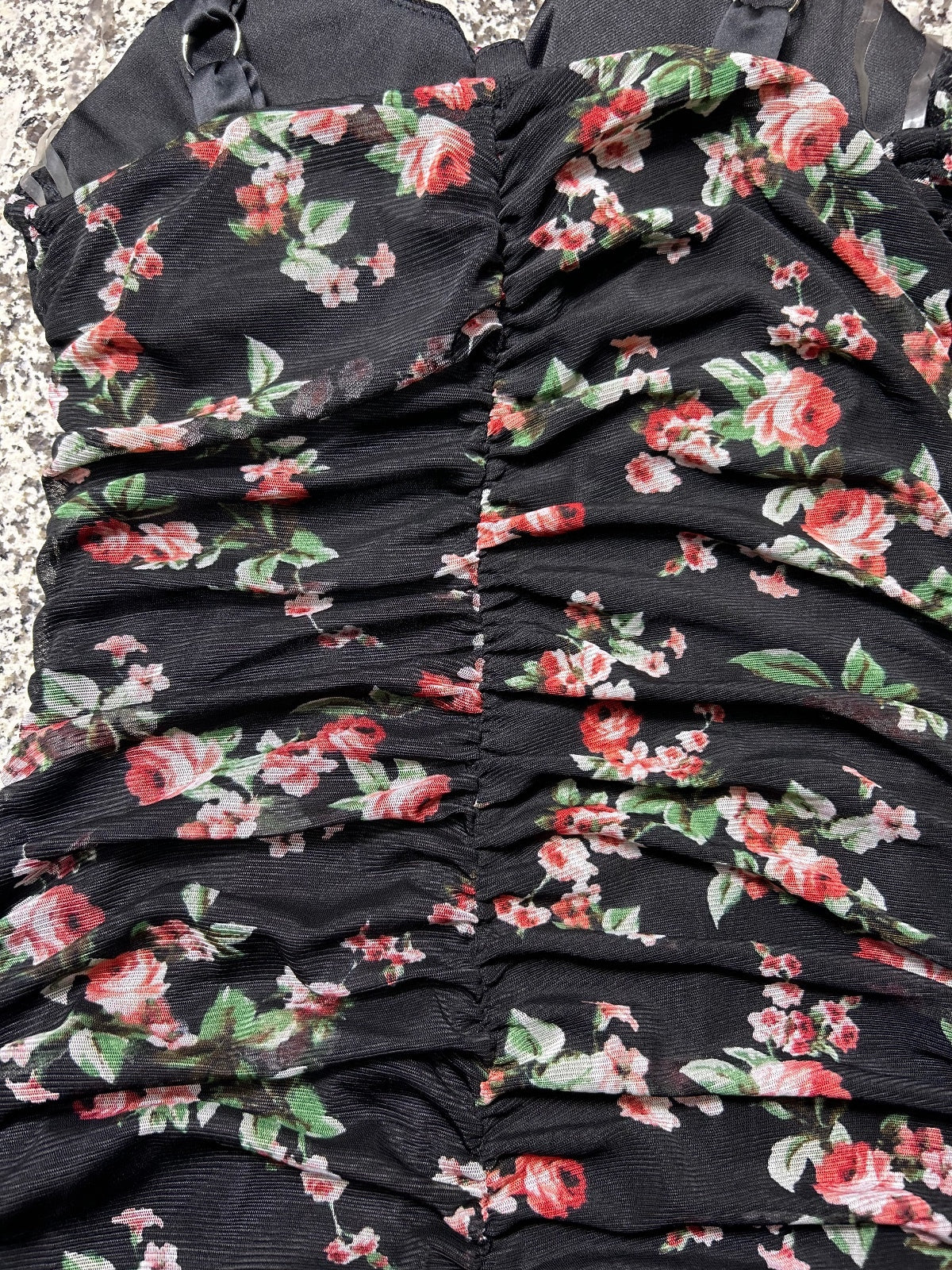 Lily Rose Floral Midi Dress Womens Medium Black Ruched Tie Strap Summer Sunneck