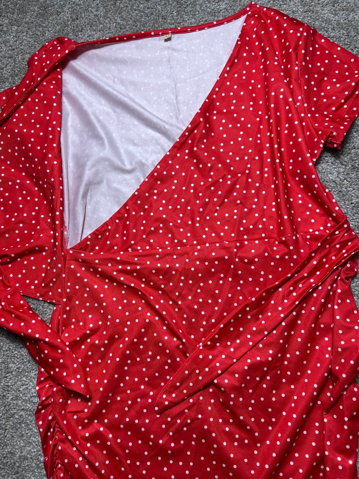Red White Polka Dot Faux Wrap Dress Women's Short Sleeve V-Neck Retro