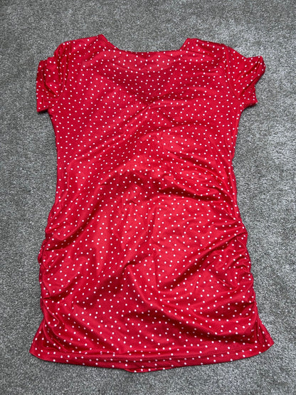 Red White Polka Dot Faux Wrap Dress Women's Short Sleeve V-Neck Retro