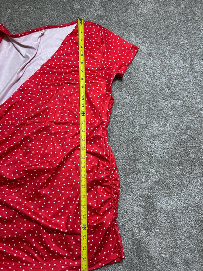 Red White Polka Dot Faux Wrap Dress Women's Short Sleeve V-Neck Retro