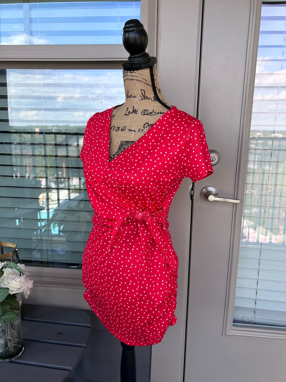 Red White Polka Dot Faux Wrap Dress Women's Short Sleeve V-Neck Retro