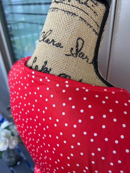Red White Polka Dot Faux Wrap Dress Women's Short Sleeve V-Neck Retro