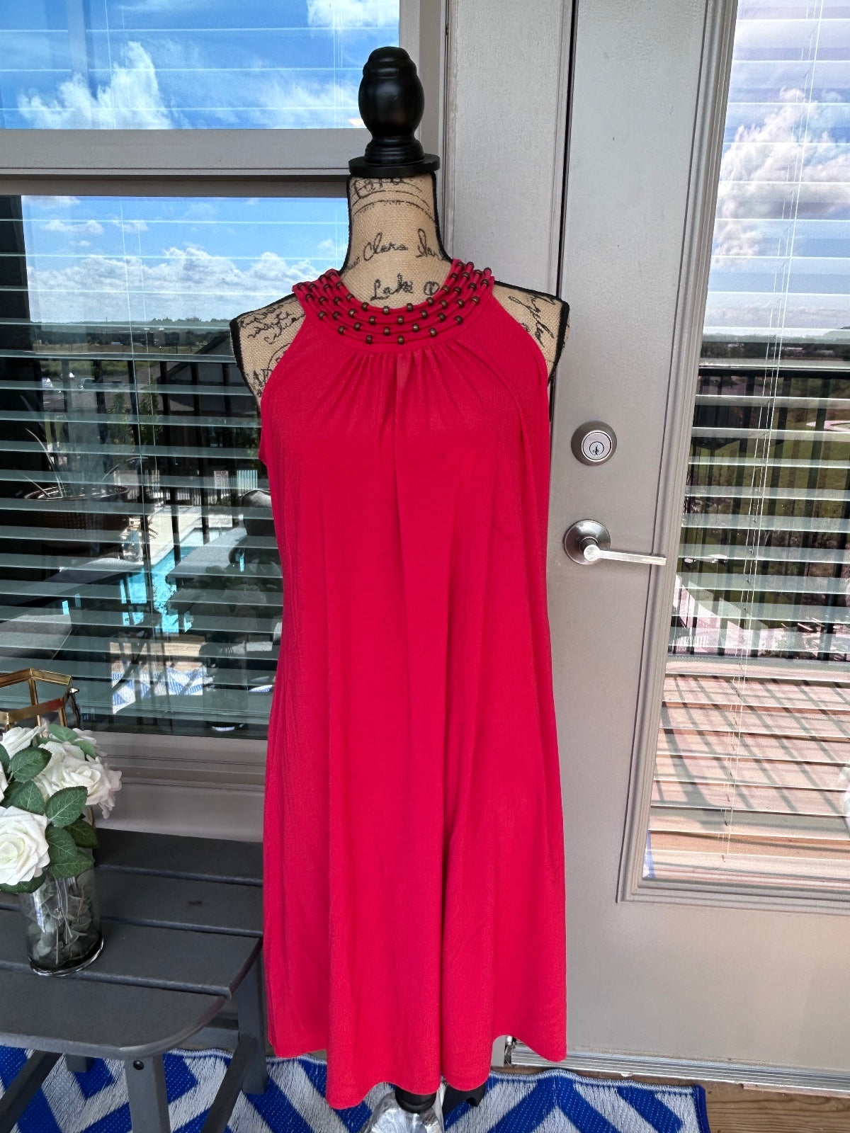 C&C California Womens Size Medium Red Sleeveless Beaded Neck Party Dress M