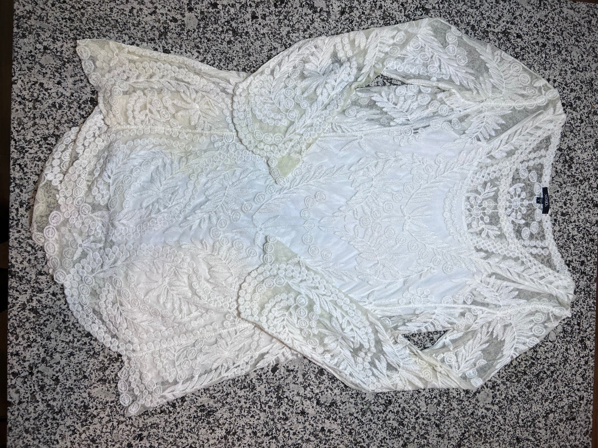 THRIFT | XOXO White Floral Lace Long Sleeve Illusion Mesh Mini Dress