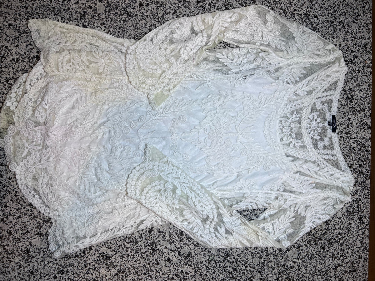 THRIFT | XOXO White Floral Lace Long Sleeve Illusion Mesh Mini Dress