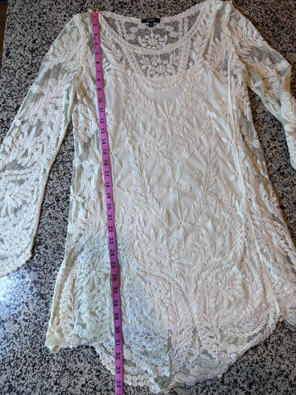 THRIFT | XOXO White Floral Lace Long Sleeve Illusion Mesh Mini Dress