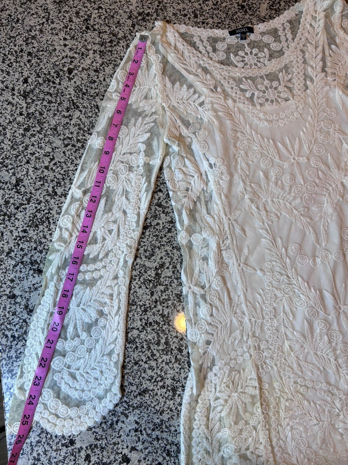 THRIFT | XOXO White Floral Lace Long Sleeve Illusion Mesh Mini Dress