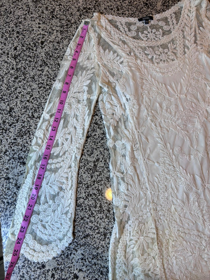 THRIFT | XOXO White Floral Lace Long Sleeve Illusion Mesh Mini Dress