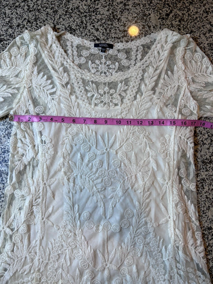 THRIFT | XOXO White Floral Lace Long Sleeve Illusion Mesh Mini Dress