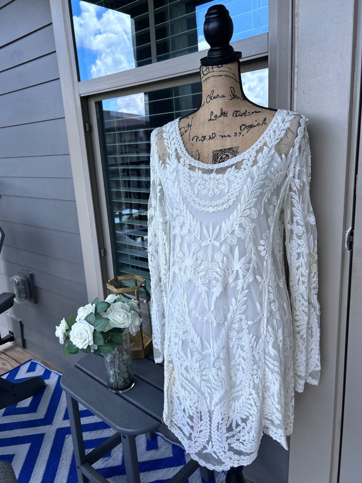 THRIFT | XOXO White Floral Lace Long Sleeve Illusion Mesh Mini Dress
