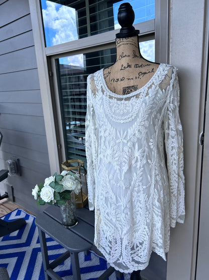 THRIFT | XOXO White Floral Lace Long Sleeve Illusion Mesh Mini Dress