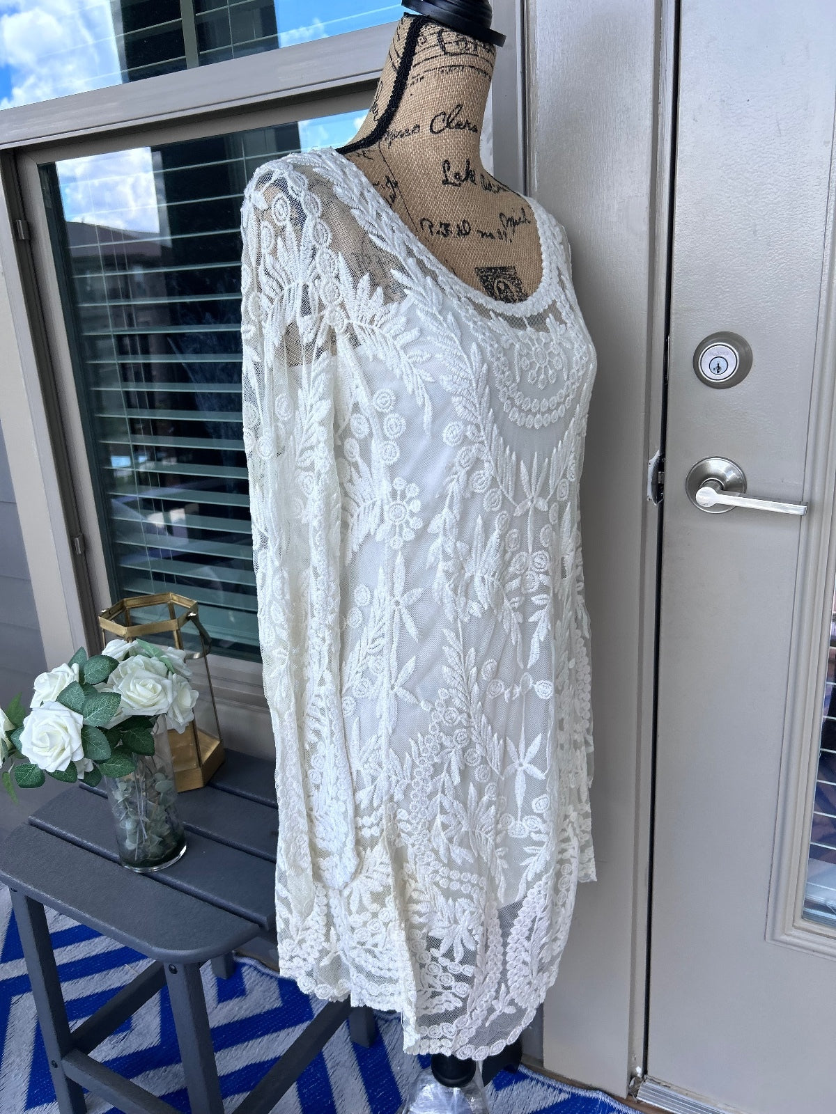 THRIFT | XOXO White Floral Lace Long Sleeve Illusion Mesh Mini Dress
