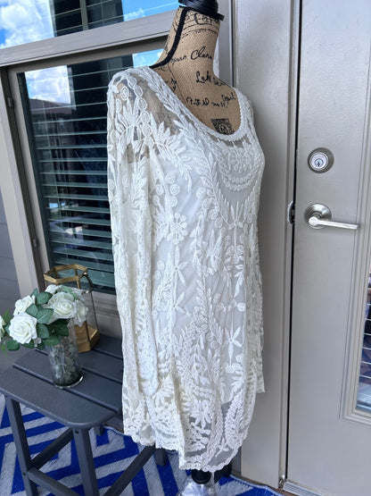 THRIFT | XOXO White Floral Lace Long Sleeve Illusion Mesh Mini Dress