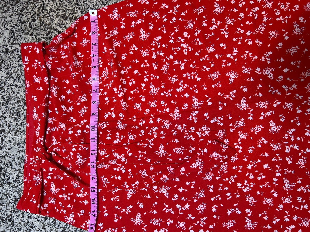 Red Floral Midi Skirt with Tie Waist