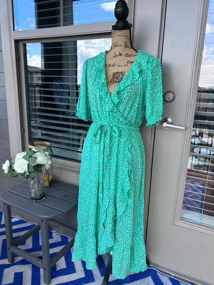 Old Navy Green Floral Wrap Midi Dress Women’s Medium Ruffle V-Neck Casual