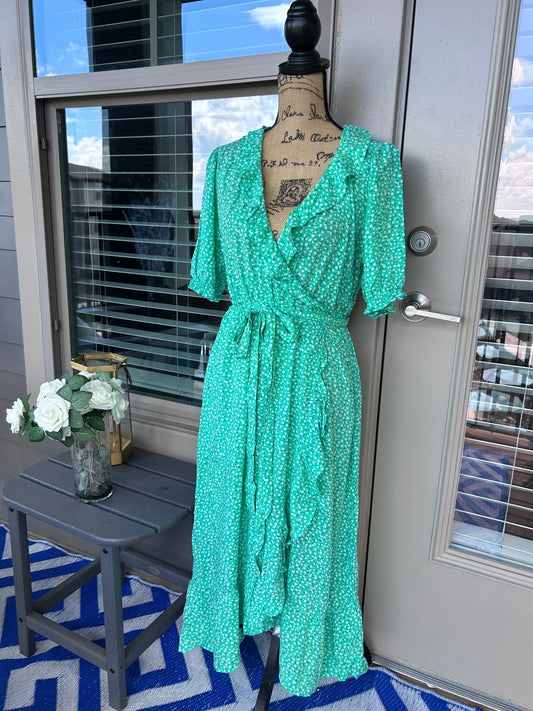Old Navy Green Floral Wrap Midi Dress Women’s Medium Ruffle V-Neck Casual