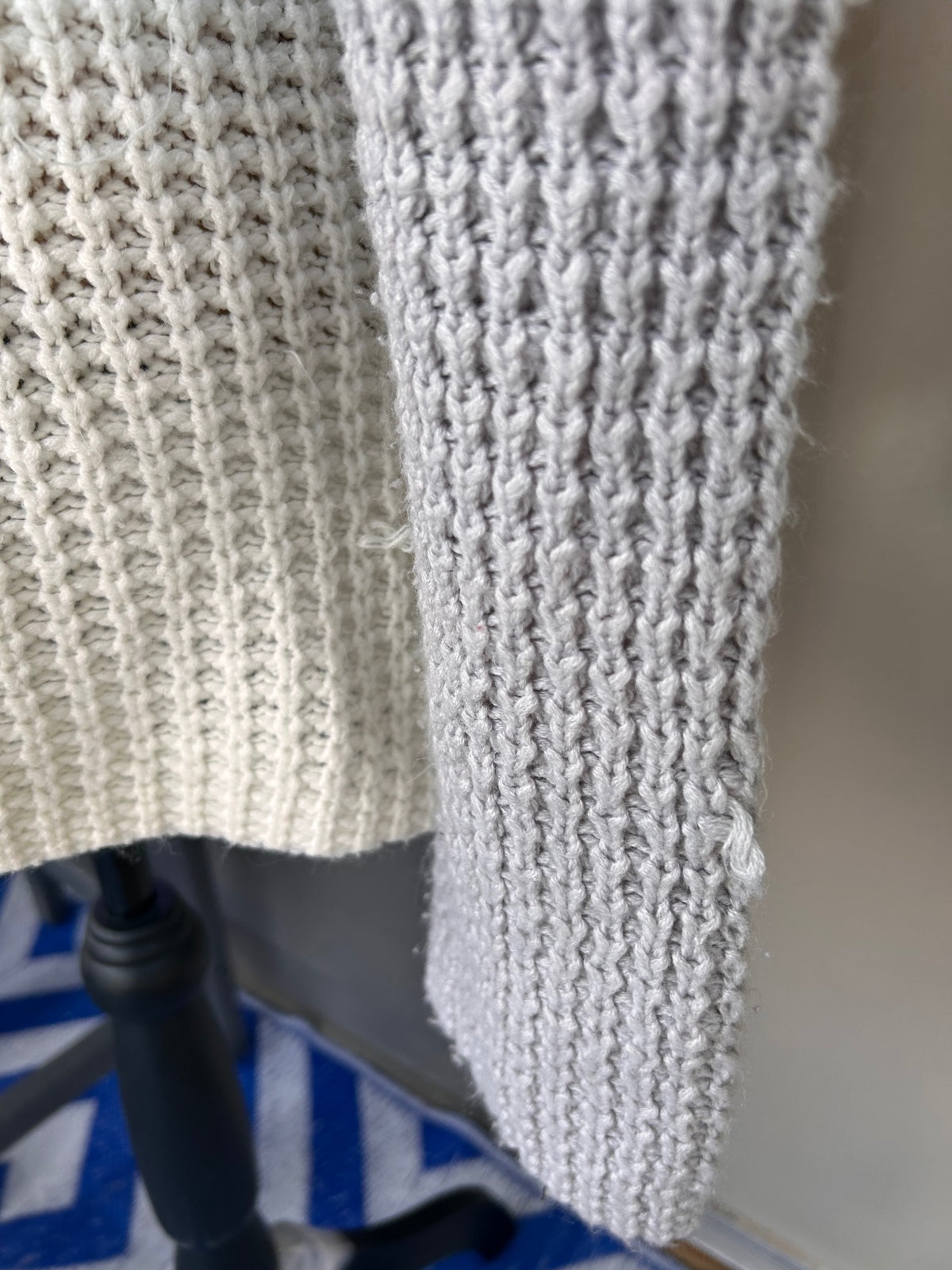 Women Medium Cream Gray Two Tone Cowl Neck Waffle Knit Sweater Button Accent